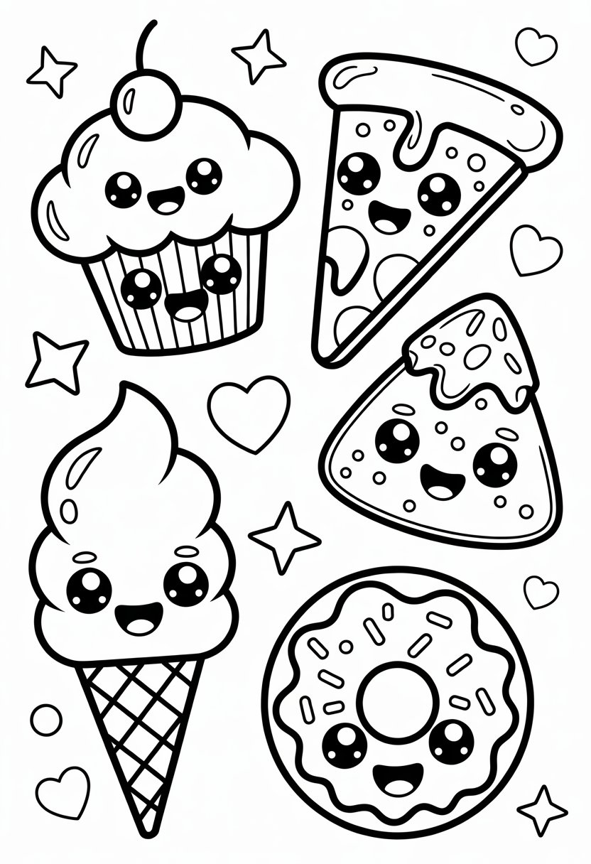 Coloring Pages Cute Ideas for Kids: 21 Engaging Designs to Inspire Creativity 22 A group of cute smiling food items including a cupcake, pizza slice, ice cream cone, and donut surrounded by small decorative shapes.